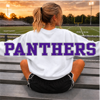 Close up of the oversized PANTHERS wordmark in purple with a black and white outline across the back of the white crewneck sweatshirt