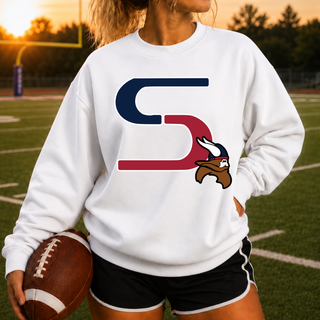 Oversized Seaman Vikings S Logo White Crewneck back view with VIKINGS lettering on stadium bleachers