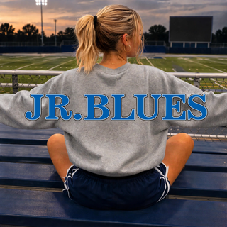 Oversized varsity monogram crewneck in sport grey, back view on bleachers