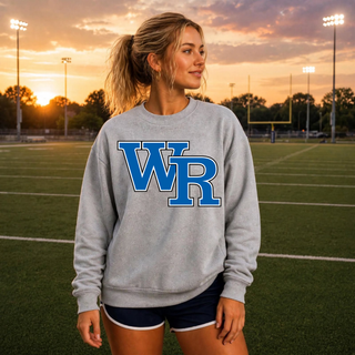 Oversized varsity monogram crewneck in sport grey, front chest monogram closeup