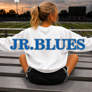 Oversized varsity monogram crewneck in white, back view with block wordmark