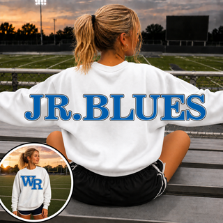 Oversized varsity monogram crewneck in white, front chest monogram closeup