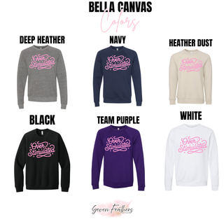 Bella Canvas crewneck color options in deep heather, navy, heather dust, black, team purple, and white
