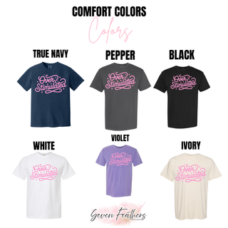 Comfort Colors tee color options in true navy, pepper, black, white, violet, and ivory
