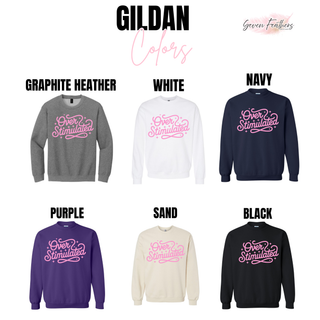 Gildan crewneck color options in graphite heather, white, navy, purple, sand, and black

