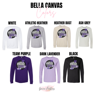 Bella Canvas color chart showing Panther Cheer purple bow design on long sleeve and sweatshirts in white athletic heather heather dust ash grey team purple dark lavender black