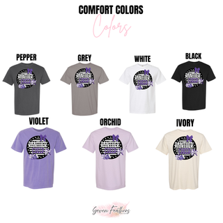 Comfort Colors color chart showing Panther Cheer bow design on adult tees in pepper grey white black violet orchid ivory