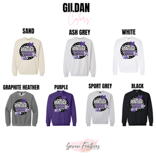 Gildan color chart showing Panther Cheer bow design on crewneck sweatshirts in sand ash grey white graphite heather purple sport grey black