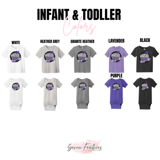 Infant and toddler color chart showing Panther Cheer bow design on onesies and tees in white heather grey granite heather lavender black purple