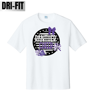 White Dri-Fit performance t shirt with Panther Cheer purple bow polka dot circle graphic with black striped circle purple megaphone and pom poms