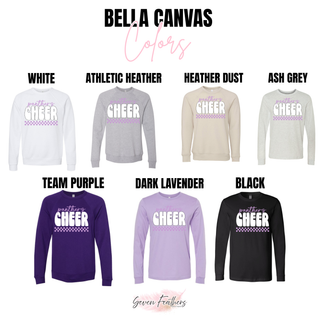 Bella Canvas color chart showing Panthers Cheer bubble checkered design on white athletic heather heather dust ash grey team purple dark lavender and black long sleeve and sweatshirts