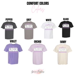 Comfort Colors color chart showing Panthers Cheer bubble checkered design on pepper grey white black violet orchid and ivory tees