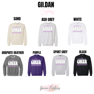Gildan color chart showing Panthers Cheer bubble checkered design on sand ash grey white graphite heather purple sport grey and black crewneck sweatshirts