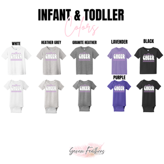 Infant and toddler color chart showing Panthers Cheer bubble checkered design on white heather grey granite heather lavender black and purple onesies and tees