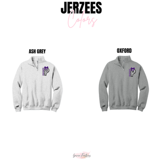 Jerzees quarter zip color chart showing Panthers bow dalmatian P left chest design on ash grey and oxford quarter zip pullovers