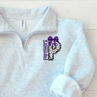 Close up of ash grey Jerzees quarter zip pullover with left chest Panthers purple bow dalmatian P design with glitter purple text and black dalmatian print