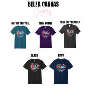 Para Heart of Gold Bella Canvas tee in heather deep teal, team purple, dark grey heather, black, and navy
