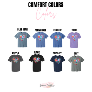 Para Heart of Gold Comfort Colors tee in blue jean, periwinkle, flo blue, violet, pepper, black, true navy, and grey
