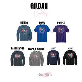 Para Heart of Gold Gildan crewneck in indigo, royal, purple, dark heather, graphite heather, navy, and black
