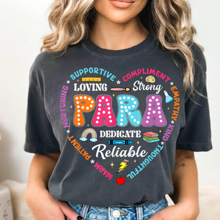 Para Heart of Gold Graphic Top in pepper with colorful Para heart featuring Loving Strong Reliable Dedicate
