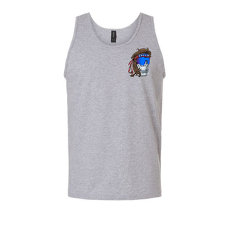 Sport grey mens tank with beer can mullet character wearing LIGHT can patriotic headband and blue sunglasses left chest