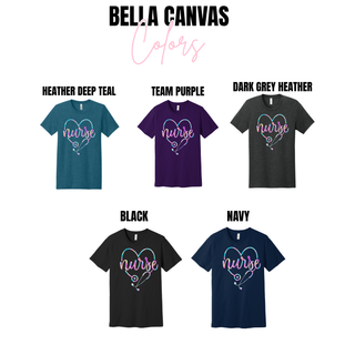 Pastel Nurse Stethoscope Heart Bella Canvas tee in heather deep teal, team purple, dark grey heather, black, and navy
