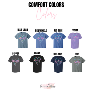 Pastel Nurse Stethoscope Heart Comfort Colors tee blue jean periwinkle flo blue violet pepper black true navy grey
