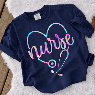 Pastel Nurse Stethoscope Heart Graphic Top in true navy with full front holographic nurse heart stethoscope design
