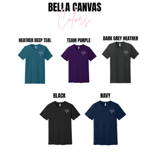 Pastel Nurse Stethoscope Heart Pocket Bella Canvas tee in heather deep teal, team purple, dark grey heather, black, and navy

