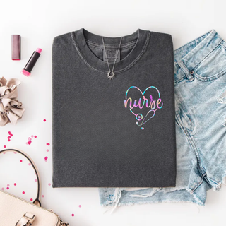 Pastel Nurse Stethoscope Heart Pocket Graphic Top in pepper with colorful pastel nurse heart stethoscope left chest design
