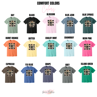 Comfort Colors color chart showing patchwork cattle design on fifteen shirt colors from Bay Black Blossom Blue Jean Blue Spruce to Island Green