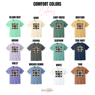  Comfort Colors second color chart showing patchwork cattle design on twelve more colors from Island Reef Ivory Light Green Mustard to Yam
