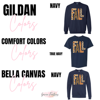 Patchwork fall top color options including Gildan navy, Comfort Colors true navy, and Bella Canvas navy
