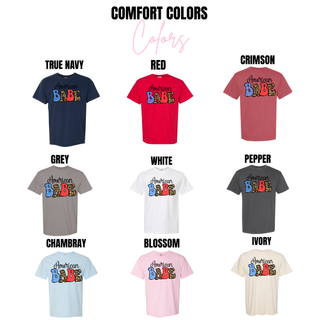 Comfort Colors short sleeve tee color options for american babe patriotic graphic in navy, red, and ivory
