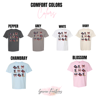 Comfort Colors tee color options for the Patriotic Cowboy Boots and Bows Top including pepper, grey, white, ivory, chambray, and blossom
