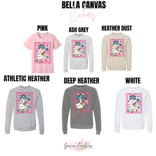  Bella Canvas tee and sweatshirt swatches in pink ash grey heather dust athletic heather deep heather and white with patriotic goose checkered design
