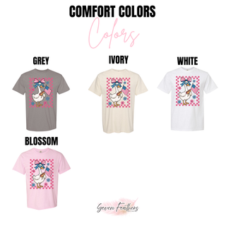  Comfort Colors tee swatches in grey ivory white and blossom with patriotic goose checkered design
