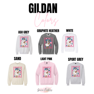 Gildan sweatshirt swatches in ash grey graphite heather white sand light pink and sport grey with patriotic goose checkered design