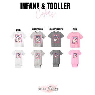  Infant onesie and toddler tee swatches in white heather grey granite heather and pink with patriotic goose checkered design