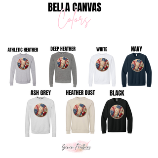 Patriotic Patchwork Baseball Shirt Bella Canvas crewneck in athletic heather, deep heather, white, navy, ash grey, heather dust, black