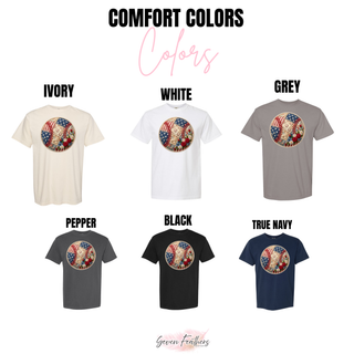 Patriotic Patchwork Baseball Shirt Comfort Colors tee in ivory, white, grey, pepper, black, true navy