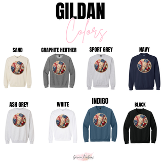 Patriotic Patchwork Baseball Shirt Gildan crewneck in sand, graphite heather, sport grey, navy, ash grey, white, indigo, black