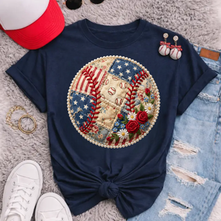 True navy tee with patchwork baseball, American flag, florals, and pearl border, adult unisex