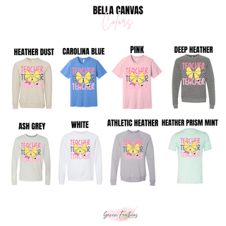 bella canvas color options including pink ash grey heather dust athletic heather deep heather and white with pencil bow teacher graphic