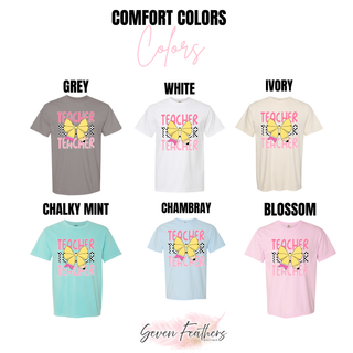 comfort colors options including grey ivory white blossom and pepper with pencil bow teacher graphic
