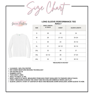 Adult Long Sleeve Performance Tee size chart