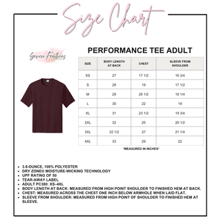 Adult Performance Tee size chart