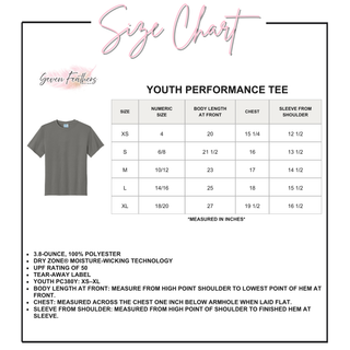 Youth Performance Tee size chart