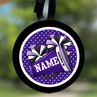 Personalized Jr. Panthers purple cheer bag tag with custom name and attachment strap