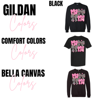 Gildan, Comfort Colors, and Bella Canvas black color options for pink checkered leopard mama graphic
